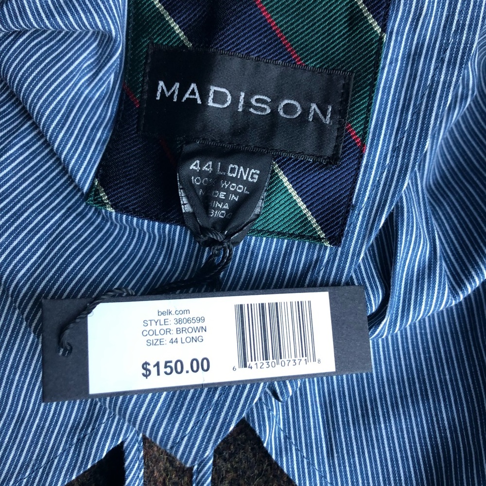 With tags, brown tweed 3 button with tags